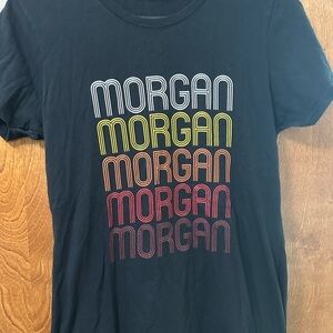 Morgan Repeat Logo Graphic Tee - Black with Rainbow Text